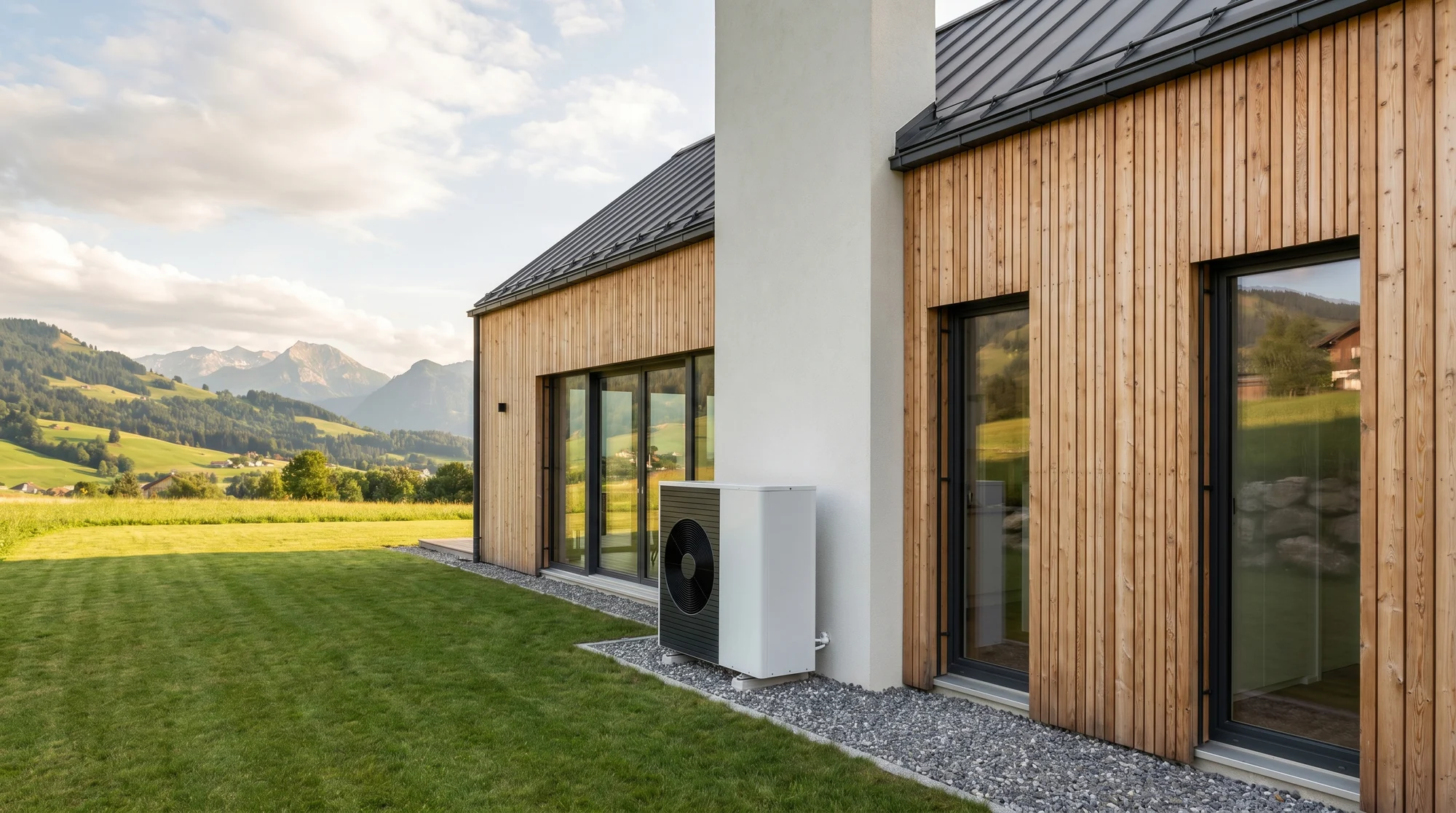 Moderne Luft-Wasser-Wärmepumpe mit Ventilator vor einem Schweizer Haus